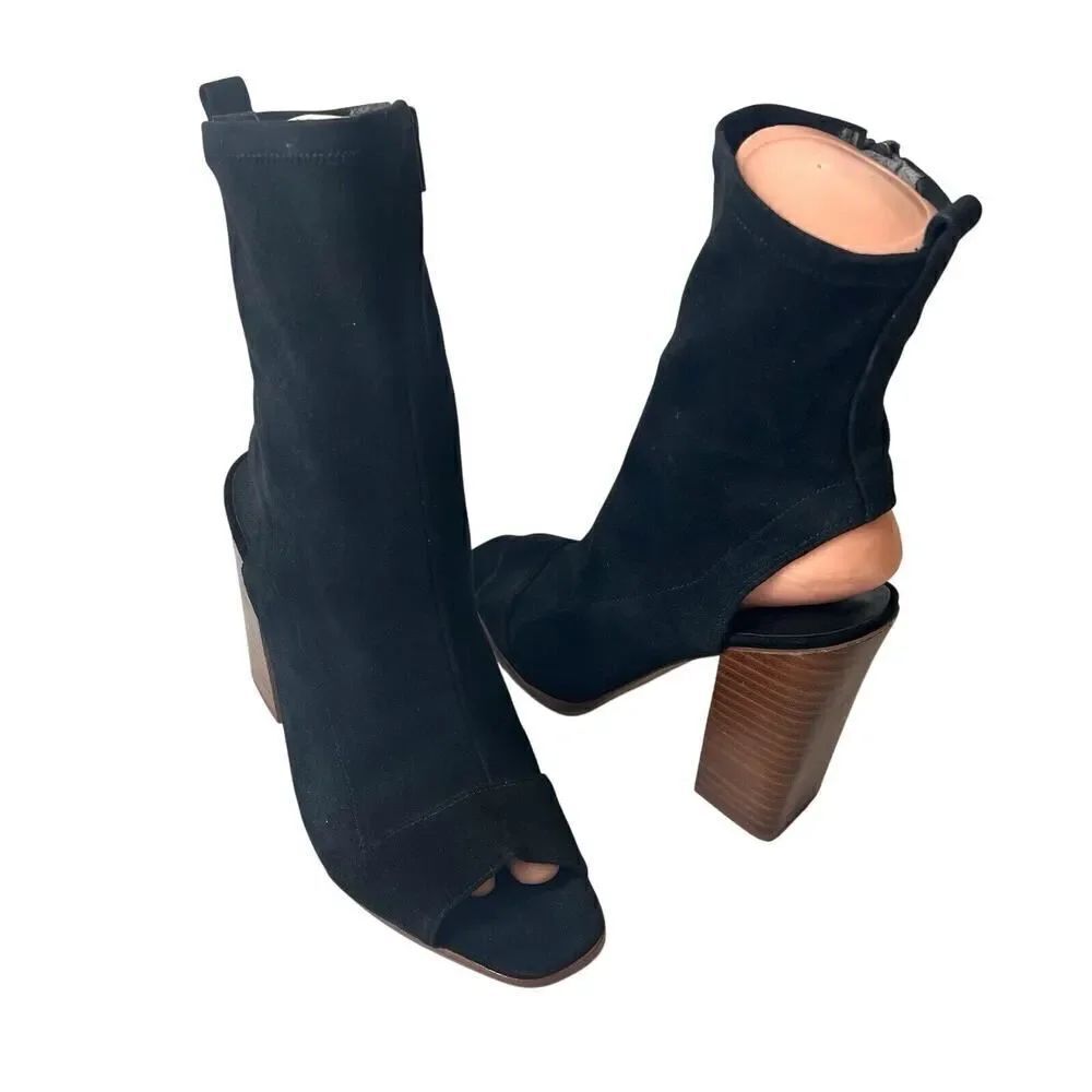 Aldo Women's Size 8 Black Suede Ultra High Heels Peep Toe Mid Calf Zip Up Bootie